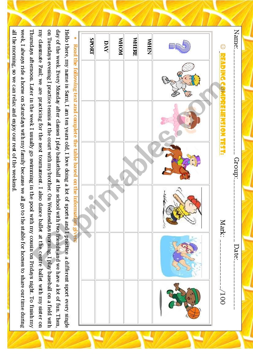 READING COMPREHENSION  SPORTS TEST