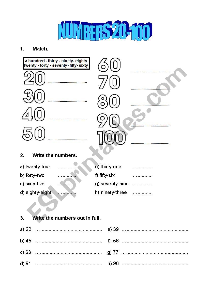 numbers 20-100 worksheet