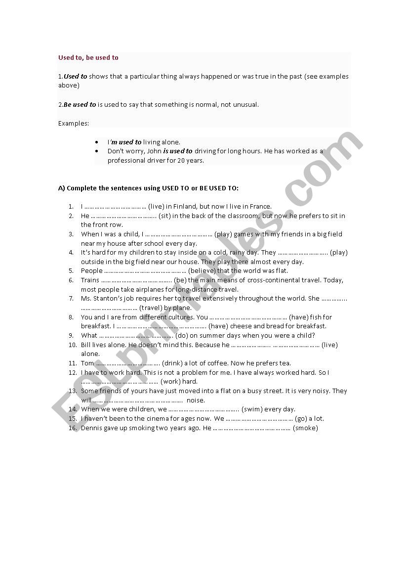 Used to - Be used to worksheet