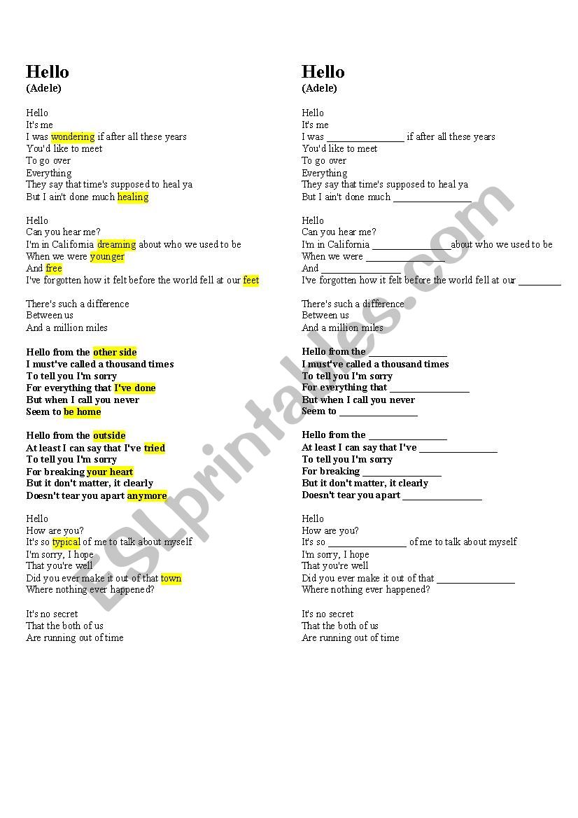 Adele - Hello worksheet