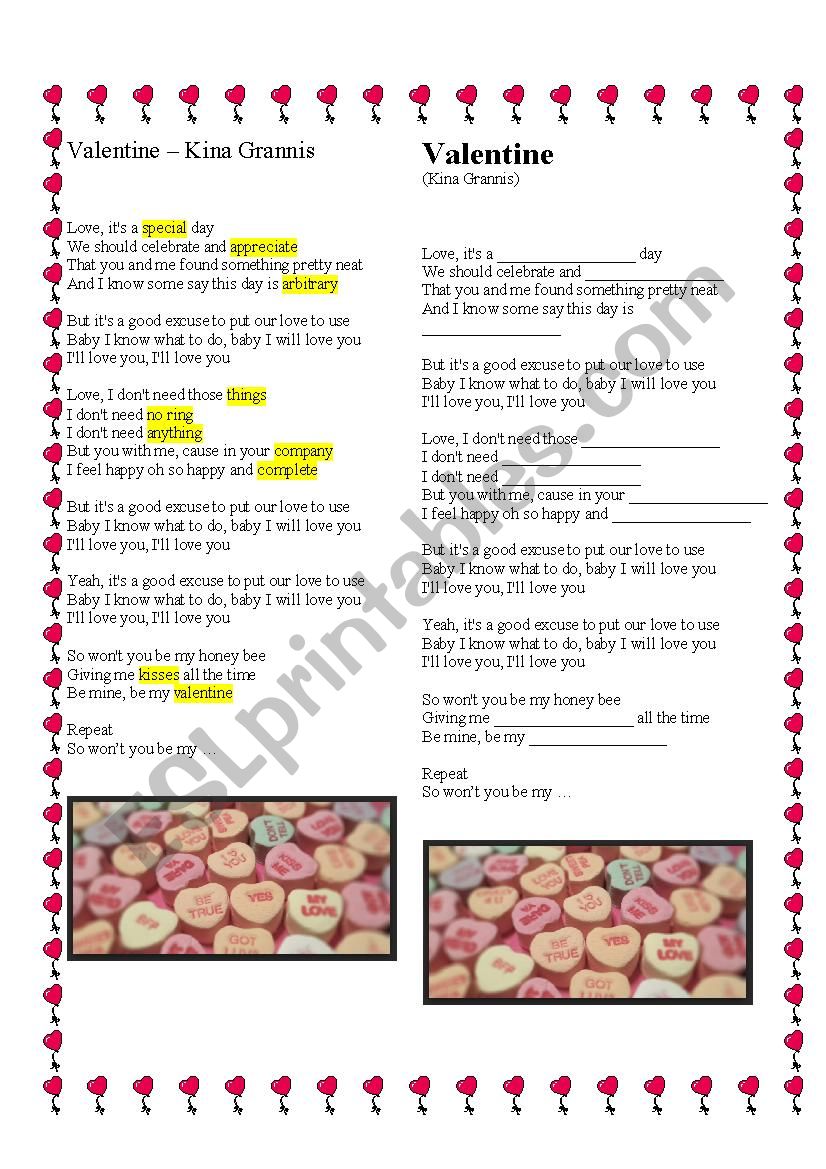 Valentine - Kina Grannis worksheet