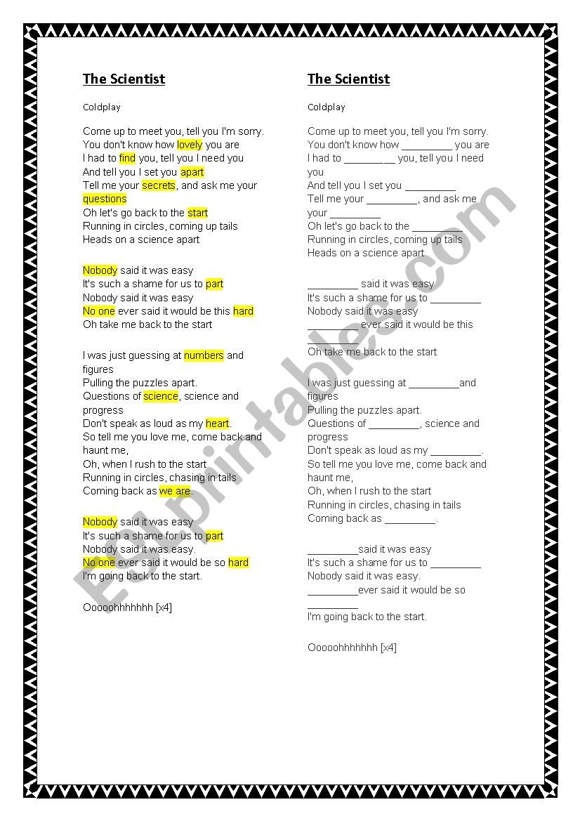 The Scientist - Cold Play worksheet