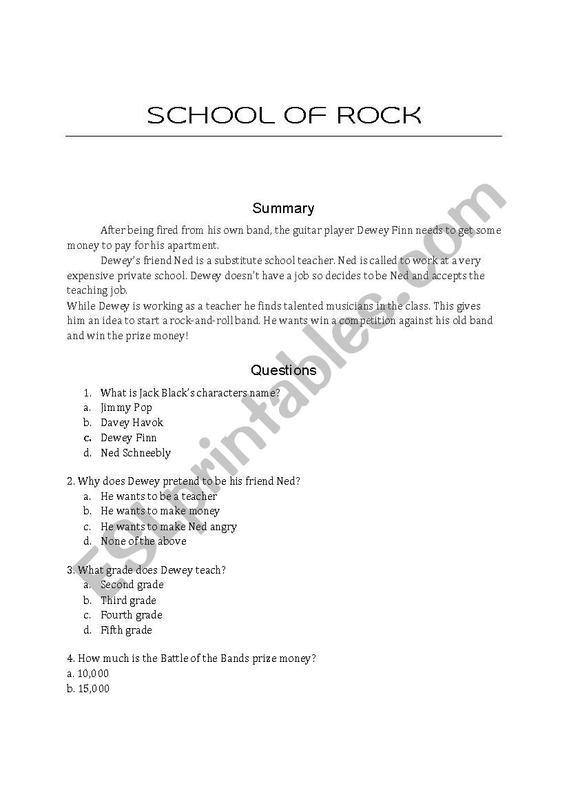 School Of Rock Lesson Plan worksheet