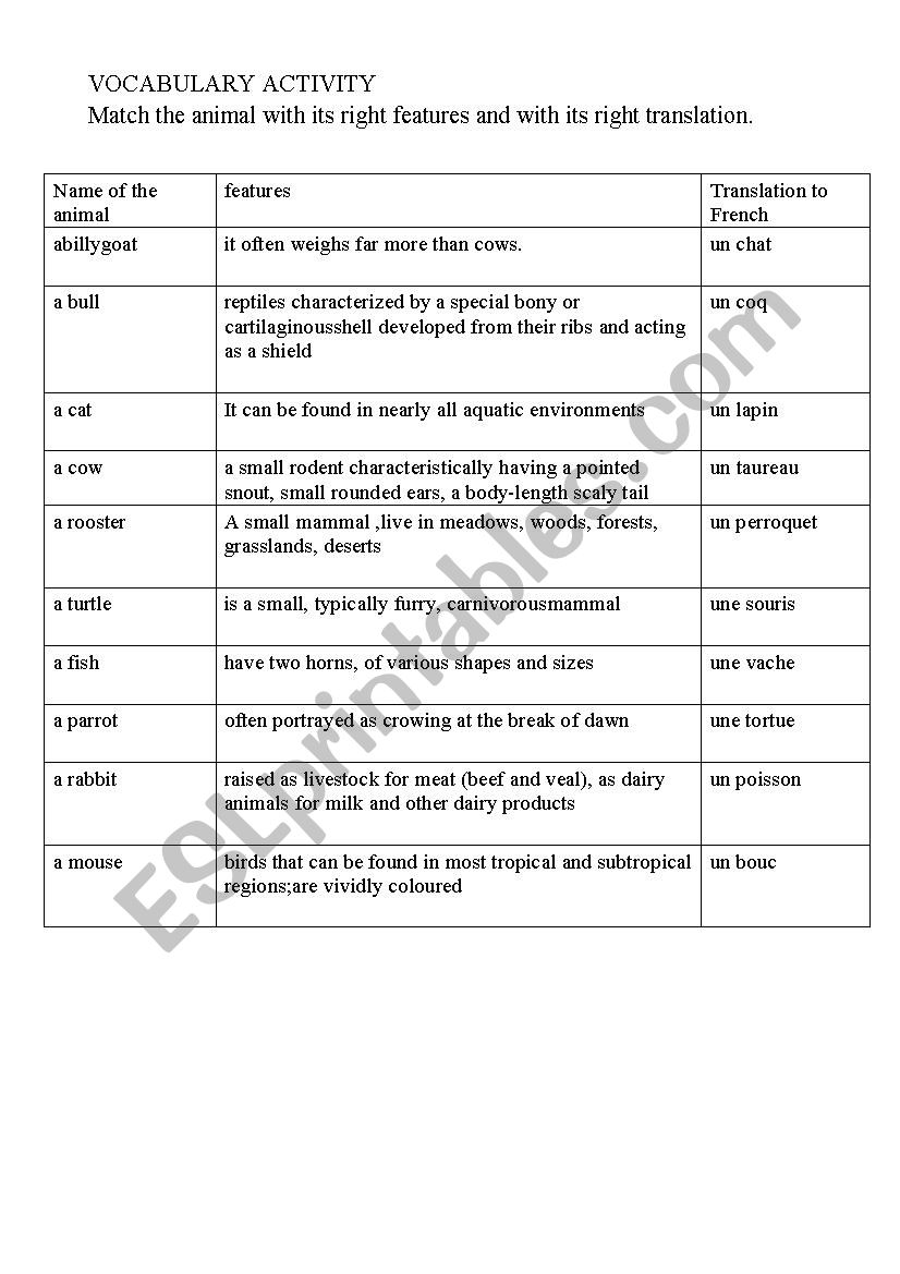 vocabulary:Maching activity worksheet