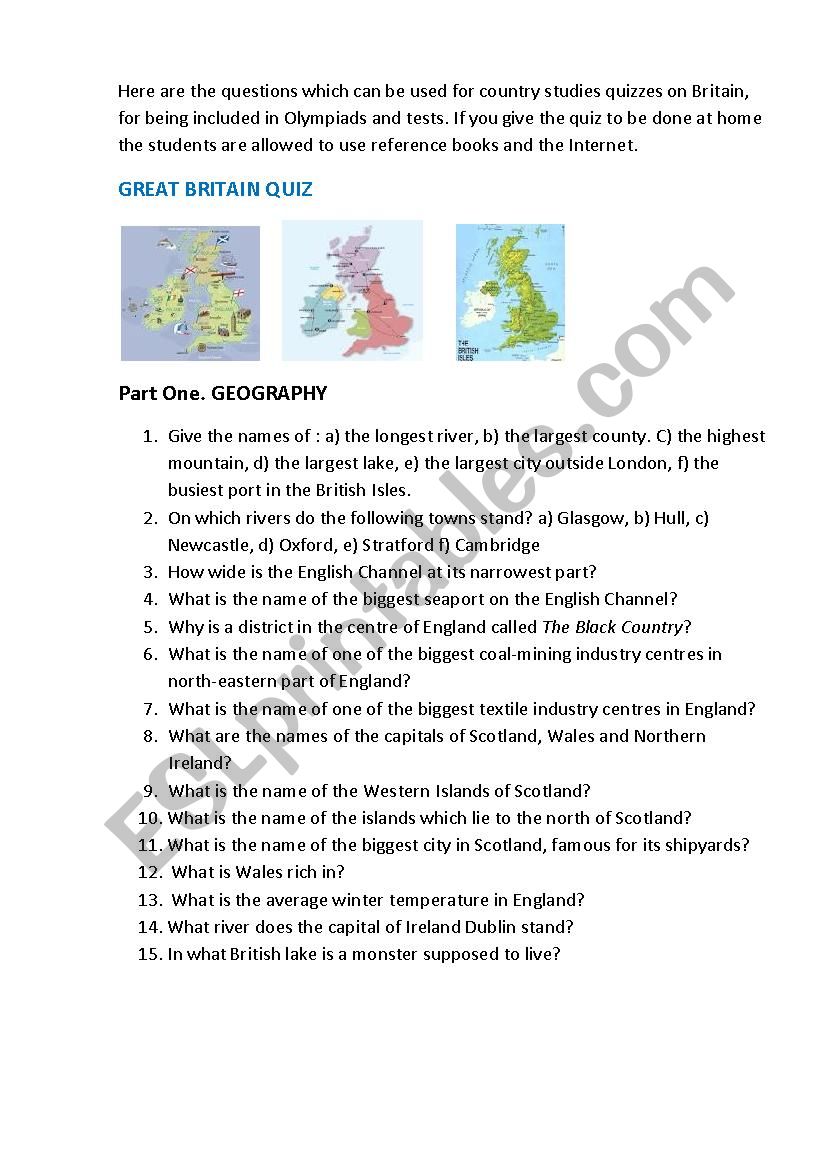 QUIZ ON BRITAIN Part 1 worksheet