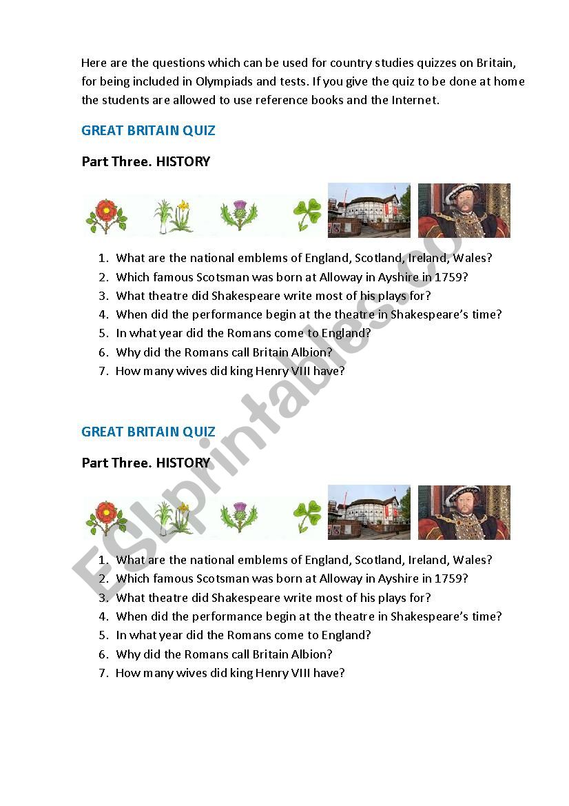 QUIZ ON BRITAIN Part 3 worksheet