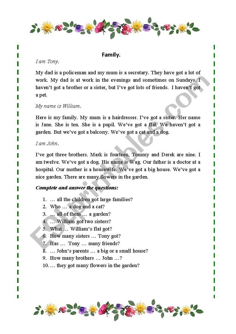 family worksheet