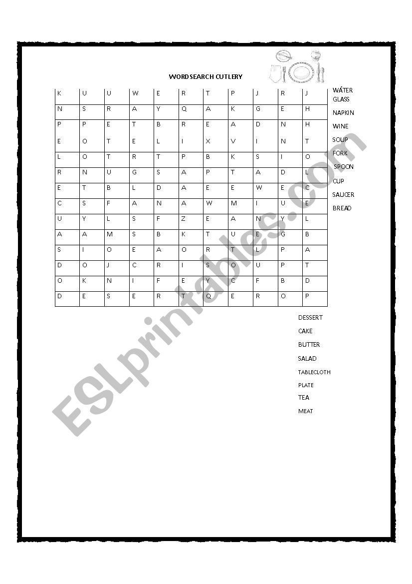 Wordsearch Cutlery worksheet