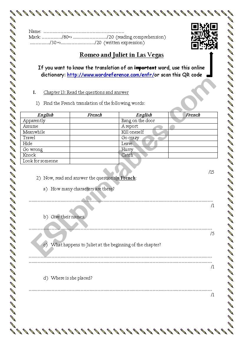 Romeo and Juliet in Las Vegas reading worksheet #8 (chapter 13, 14 and 15)