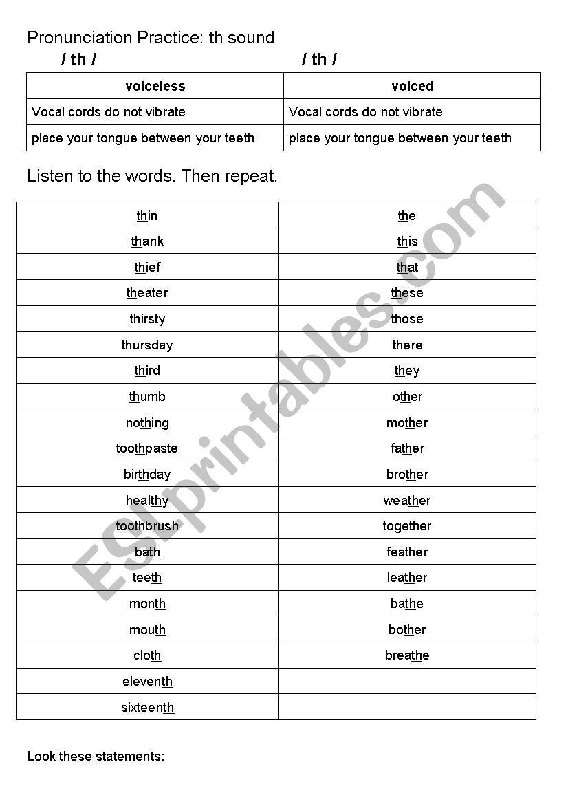 Pronunciation class th sound worksheet