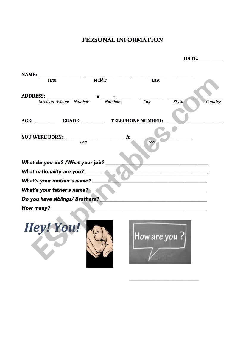 Personal Information worksheet