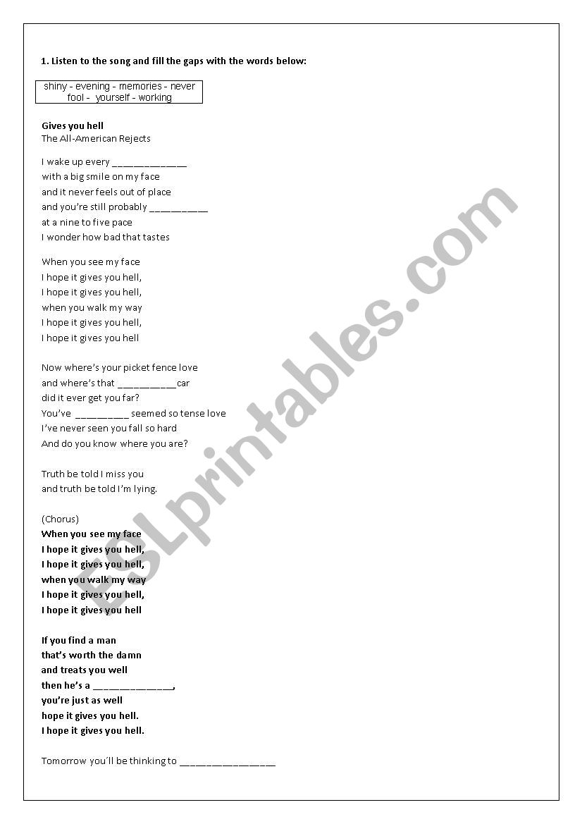 Song worksheet - Gives you hell