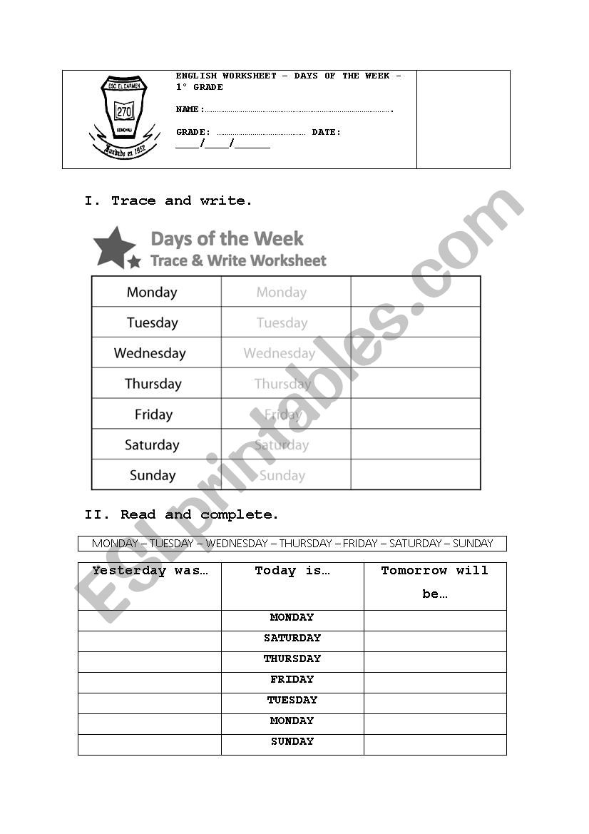 Days of the week worksheet