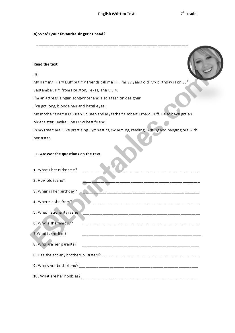 7th grade revision test worksheet