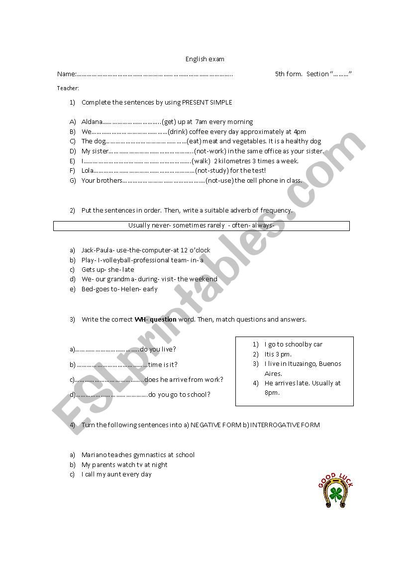 Present simple - Exam worksheet