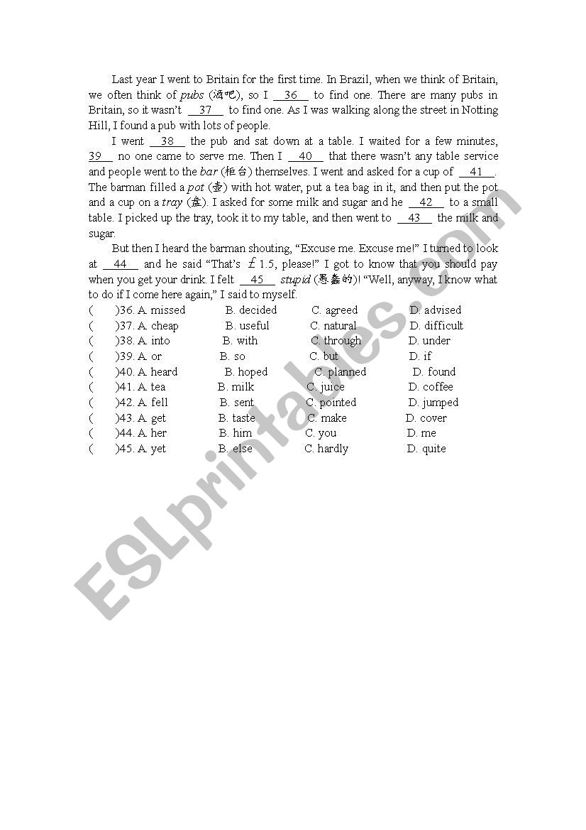 Pub service in Braintain worksheet