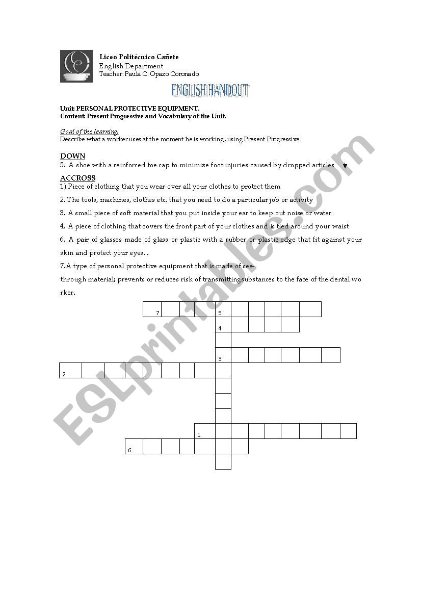 PERSONAL PROTECTIVE EQUIPMENT worksheet