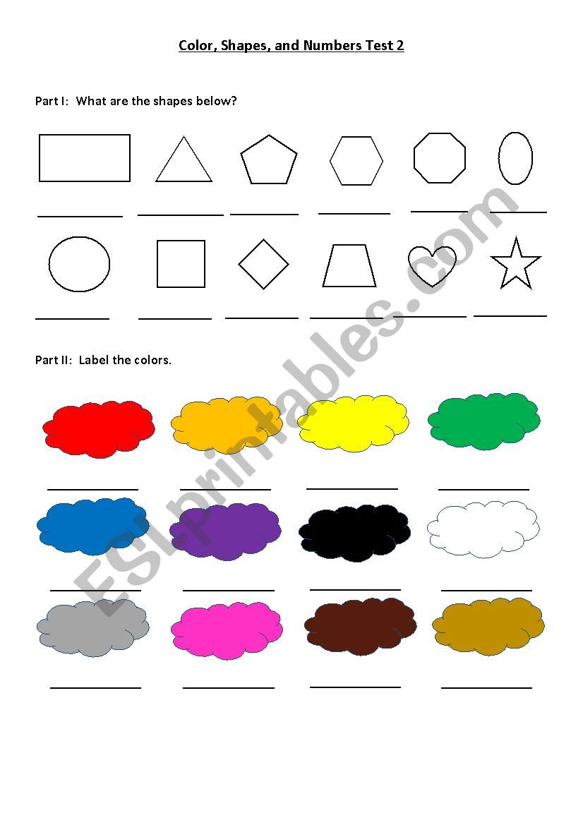 Color, Shapes and Numbers Test - ESL worksheet by leaponover