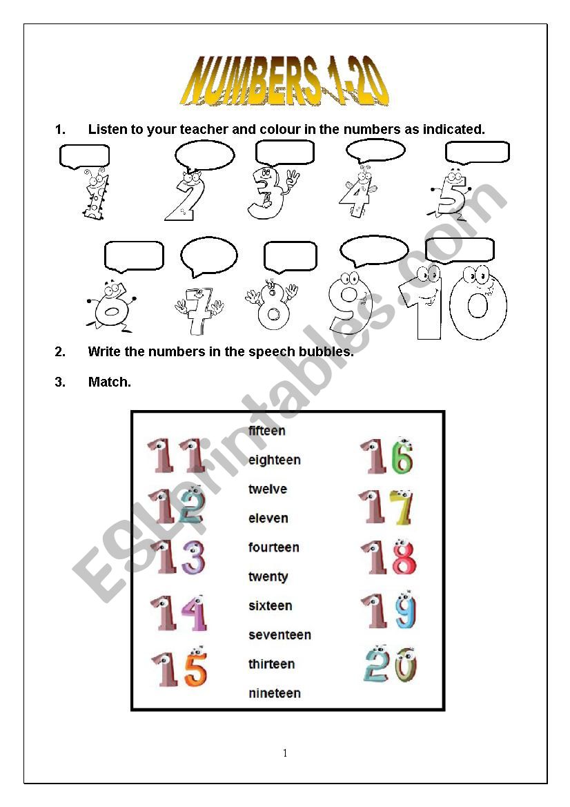 Numbers 1-20 worksheet