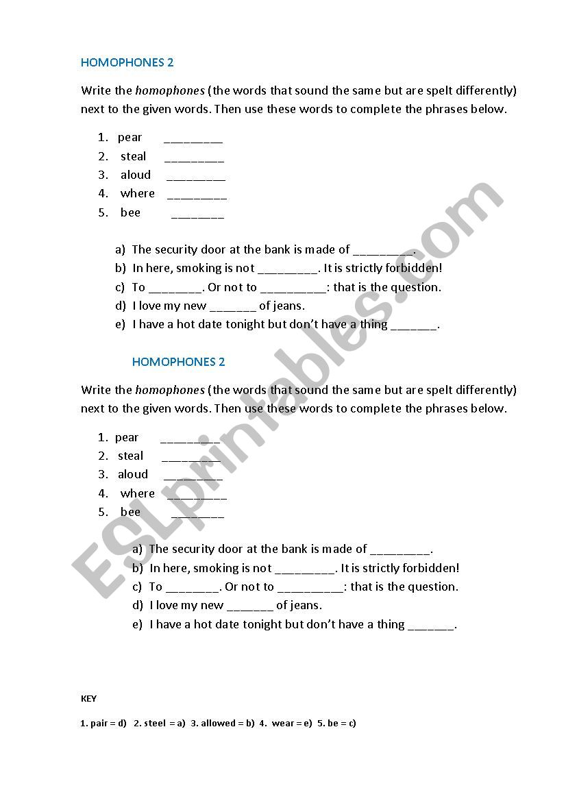 HOMOPHONES 2 worksheet