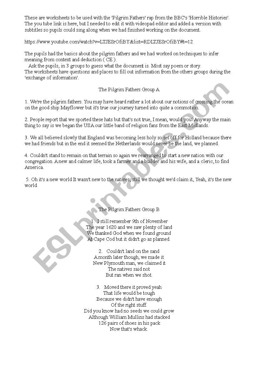 Pilgrim Fathers - Lyce worksheet