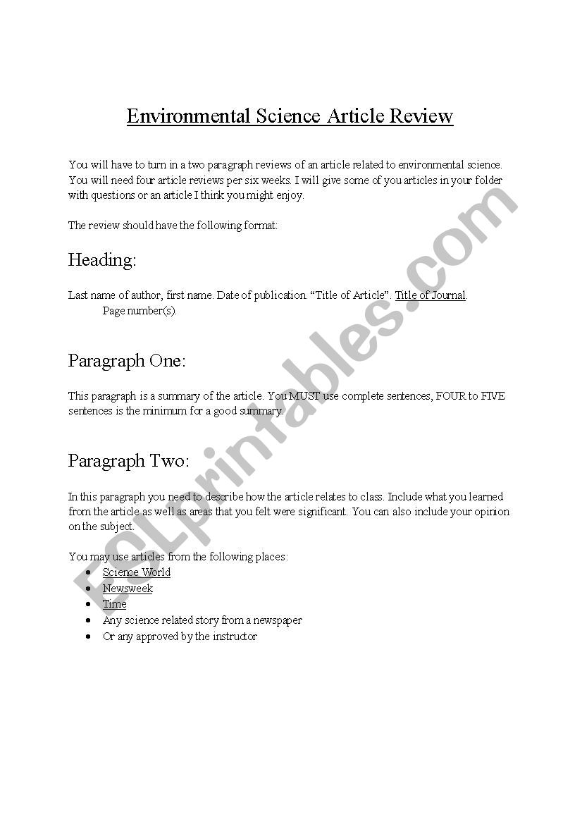 Article Review worksheet