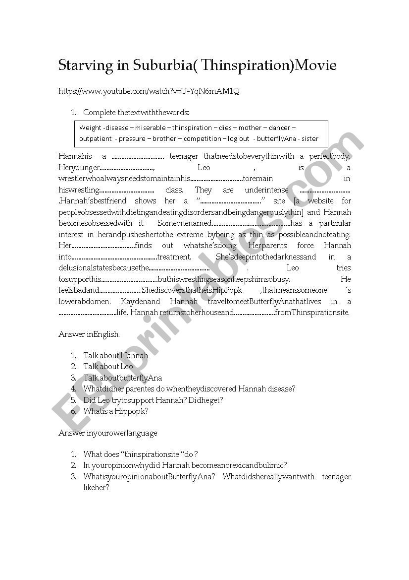 Anorexic and bulimic worksheet