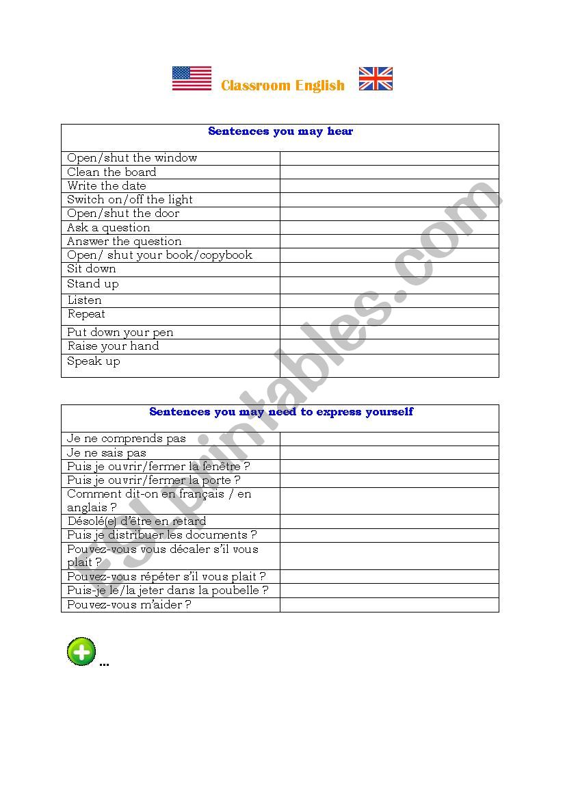 Classroom English worksheet