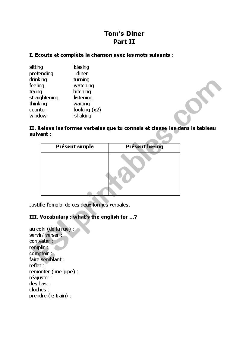 Toms diner worksheet