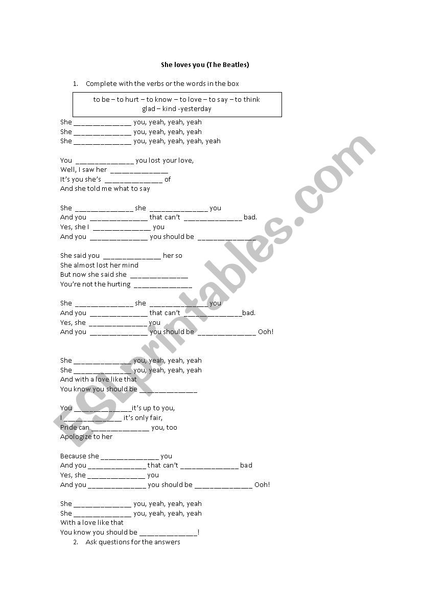 She loves you - lyrics worksheet