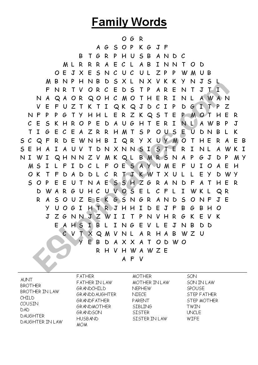 Family word search and key worksheet