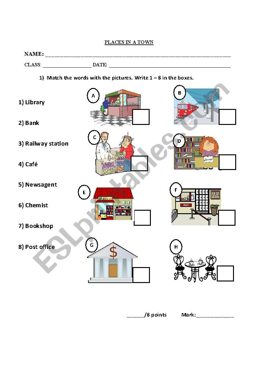 Places in a town. worksheet