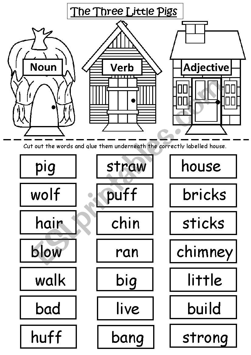 The Three Little Pigs - Nouns, Verbs and Adjectives - ESL Within Noun Verb Adjective Worksheet