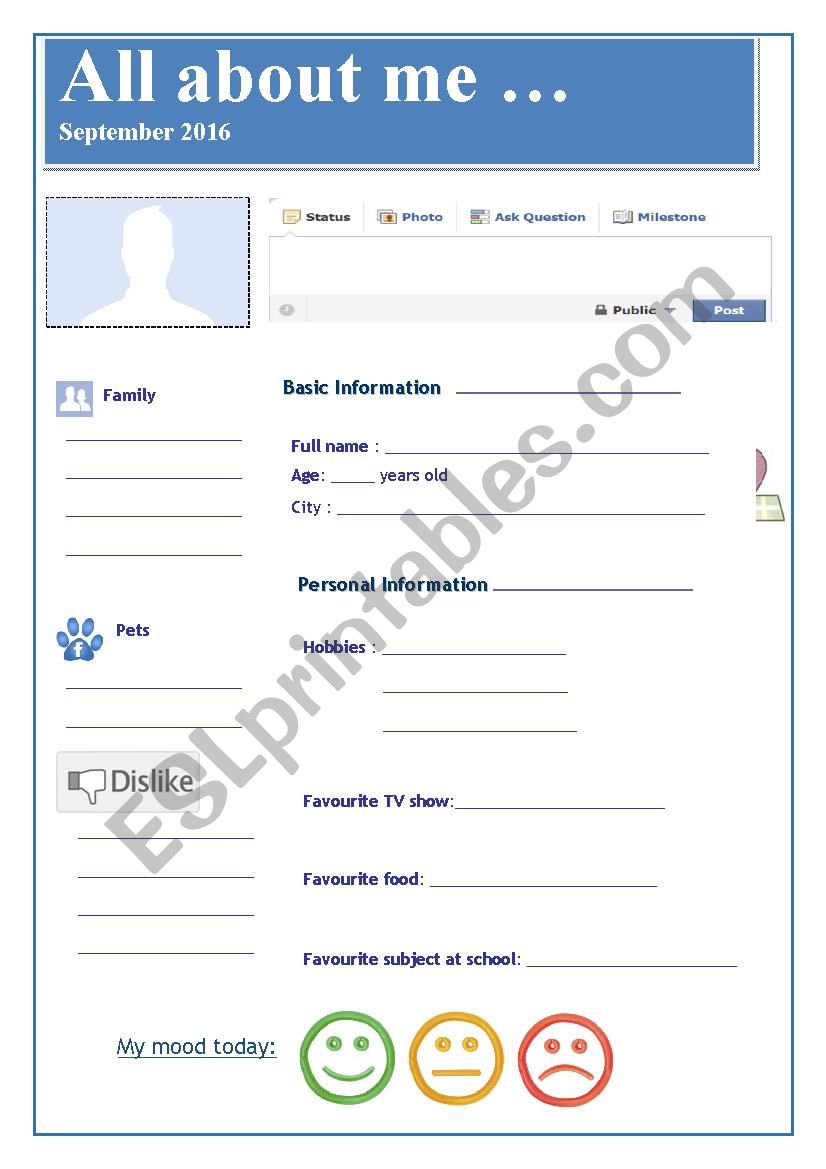 All about me / FB profile + people bingo + grammar exercises 3 pages