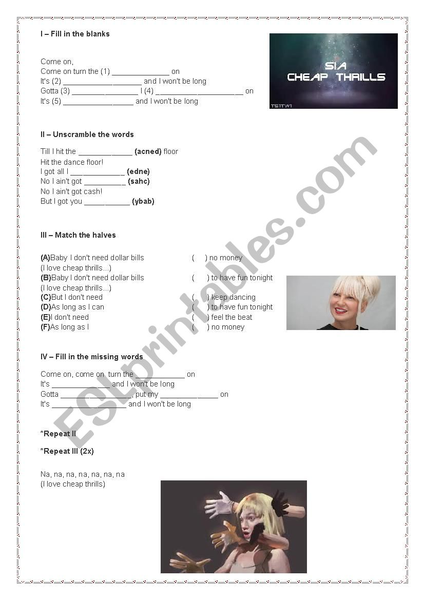 Sia - Cheap Thrills worksheet