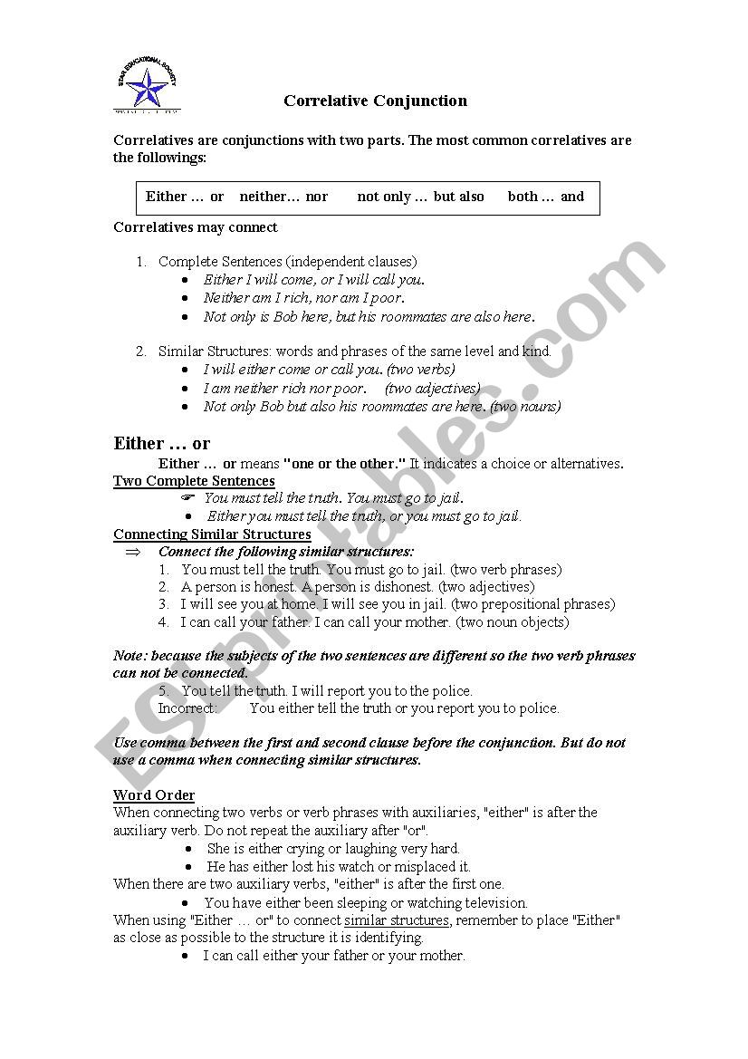 Correlative conjuntions worksheet