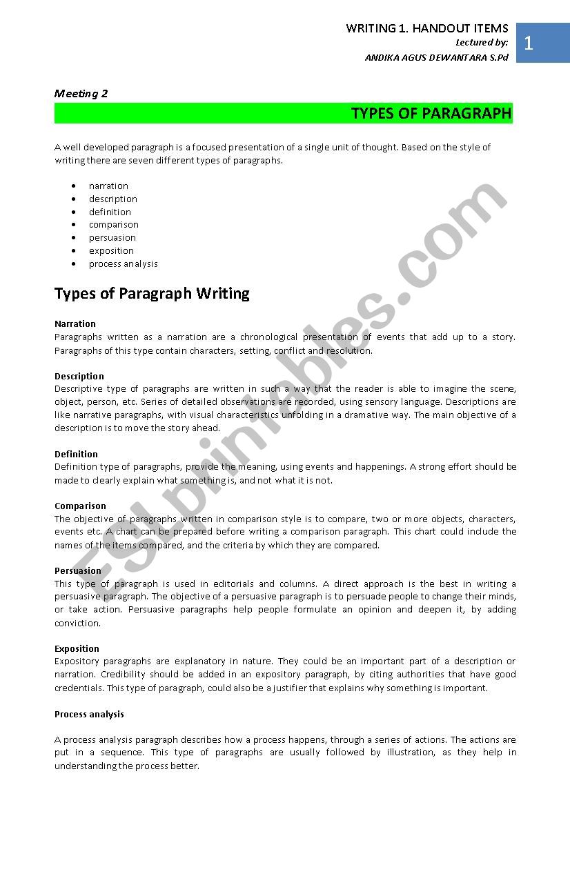 Types of paragraph worksheet