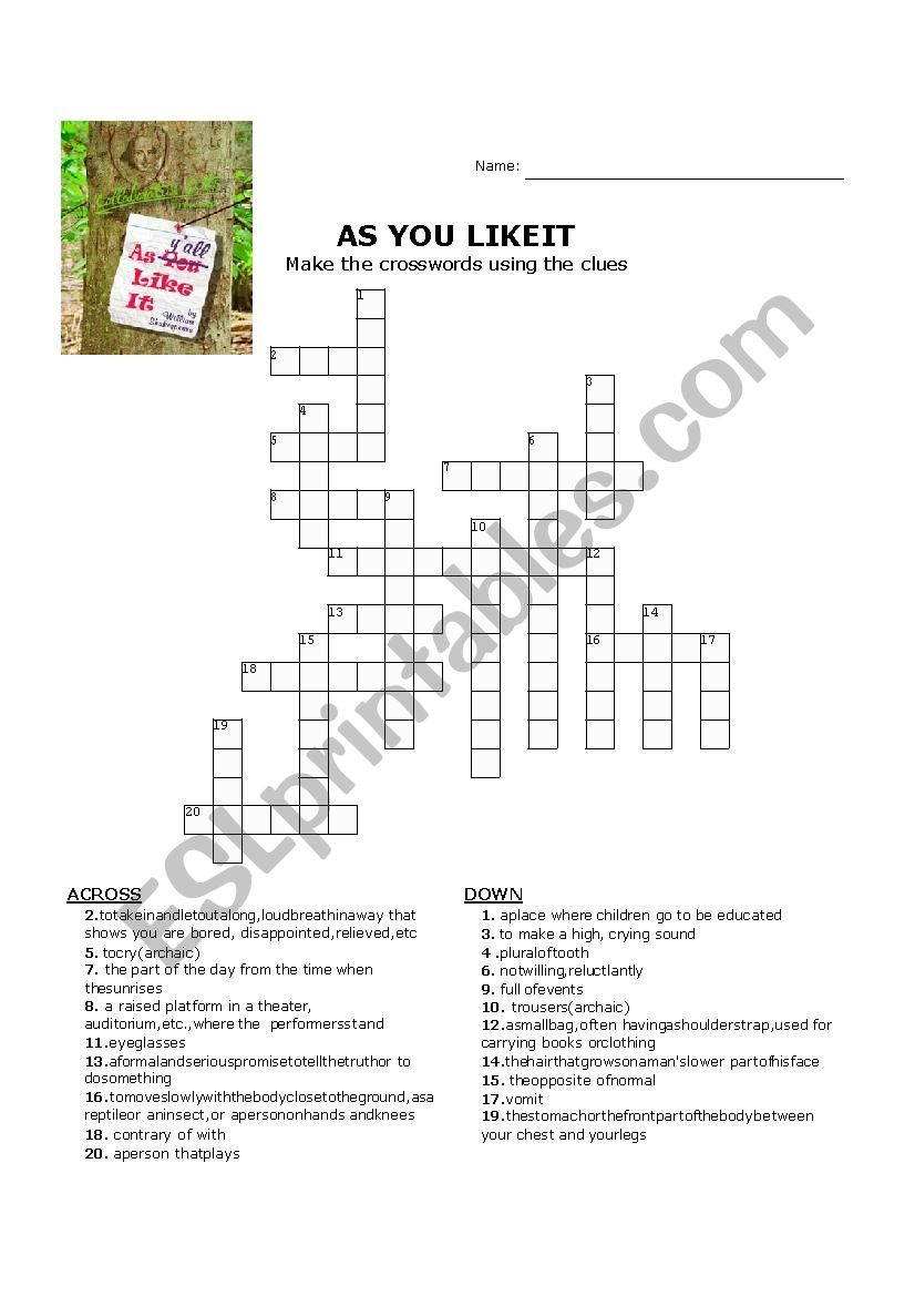 As You Like it Crossword worksheet