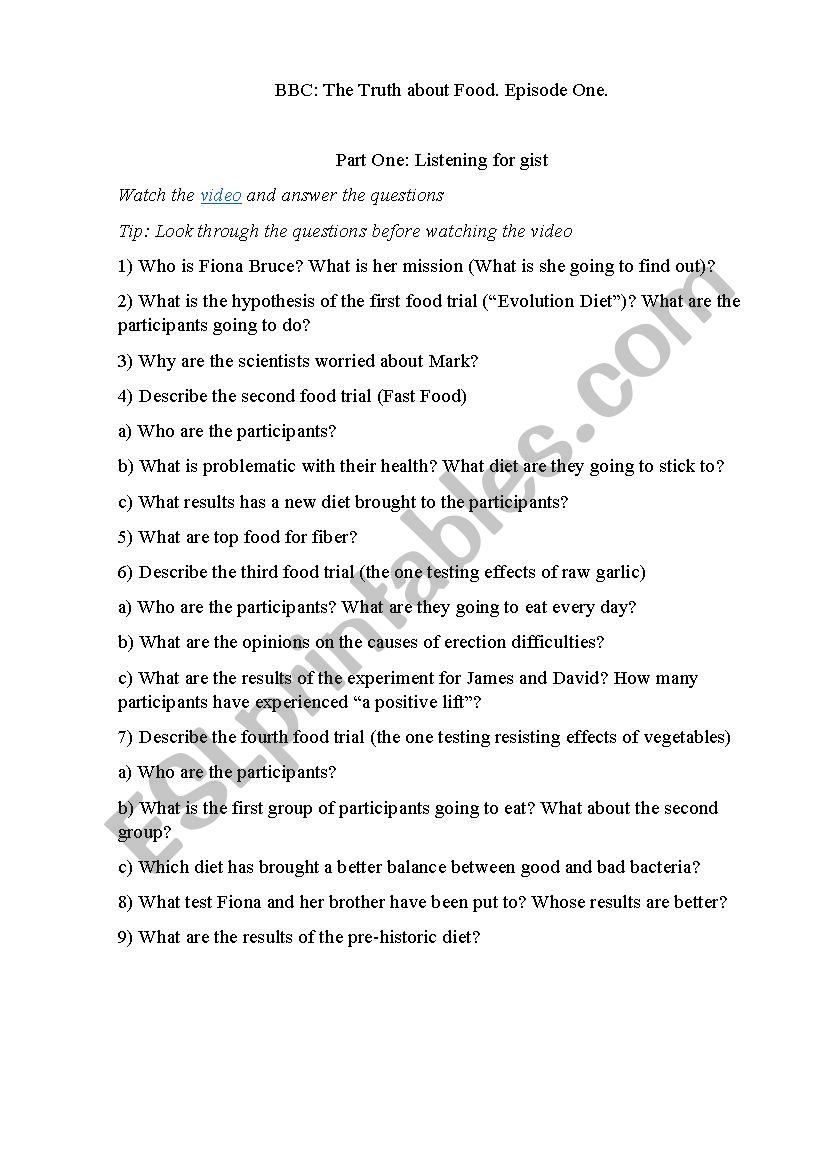 BBC Truth about Food worksheet