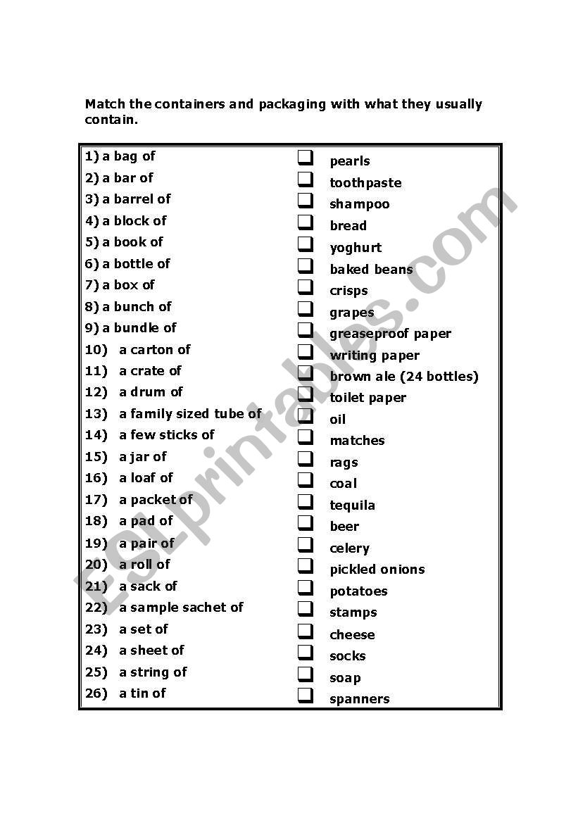 food containers worksheet