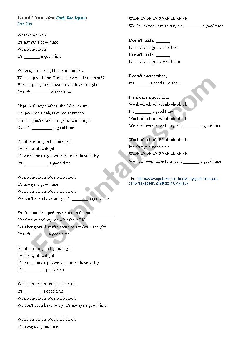 Good Time Song - Adverbs worksheet