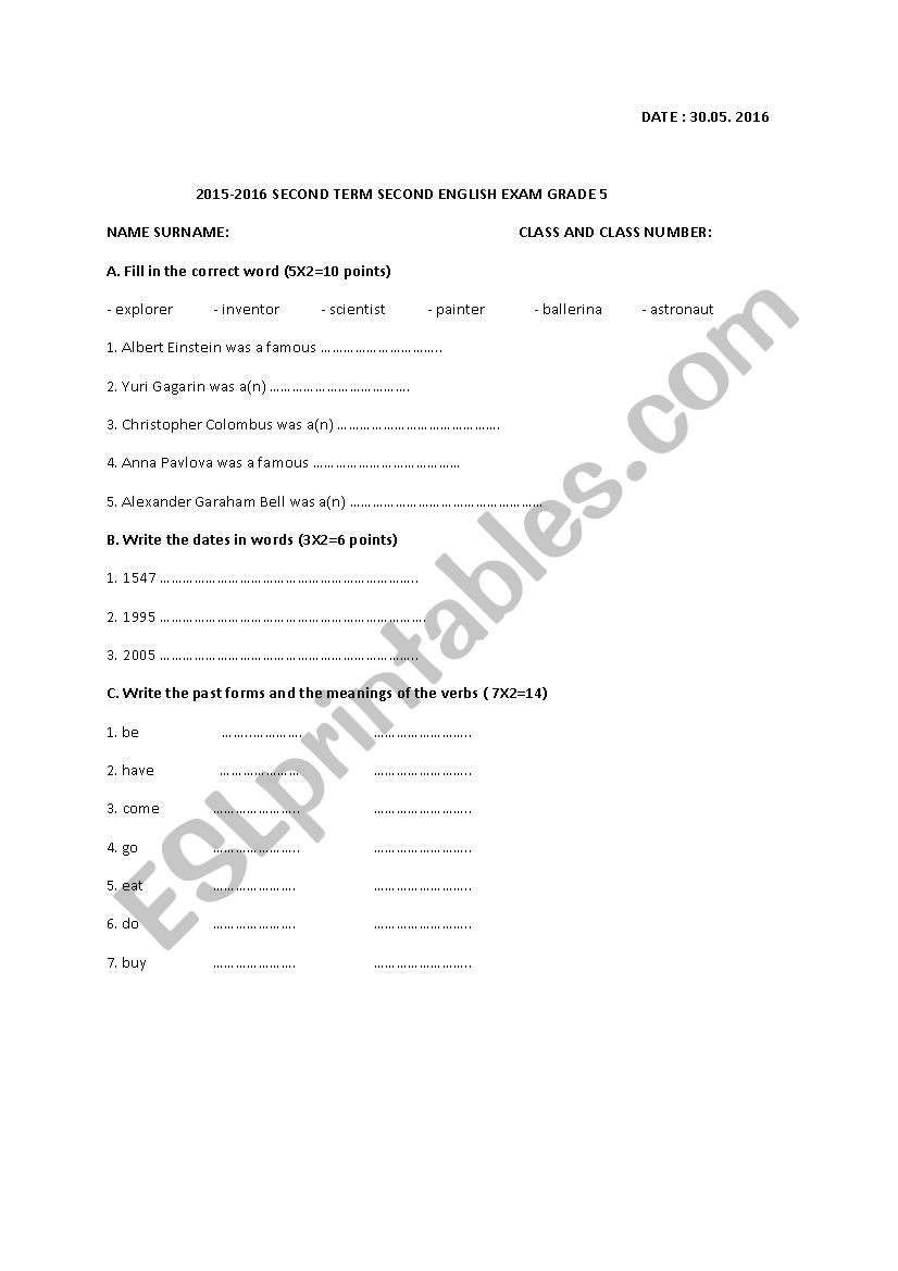 Exam worksheet