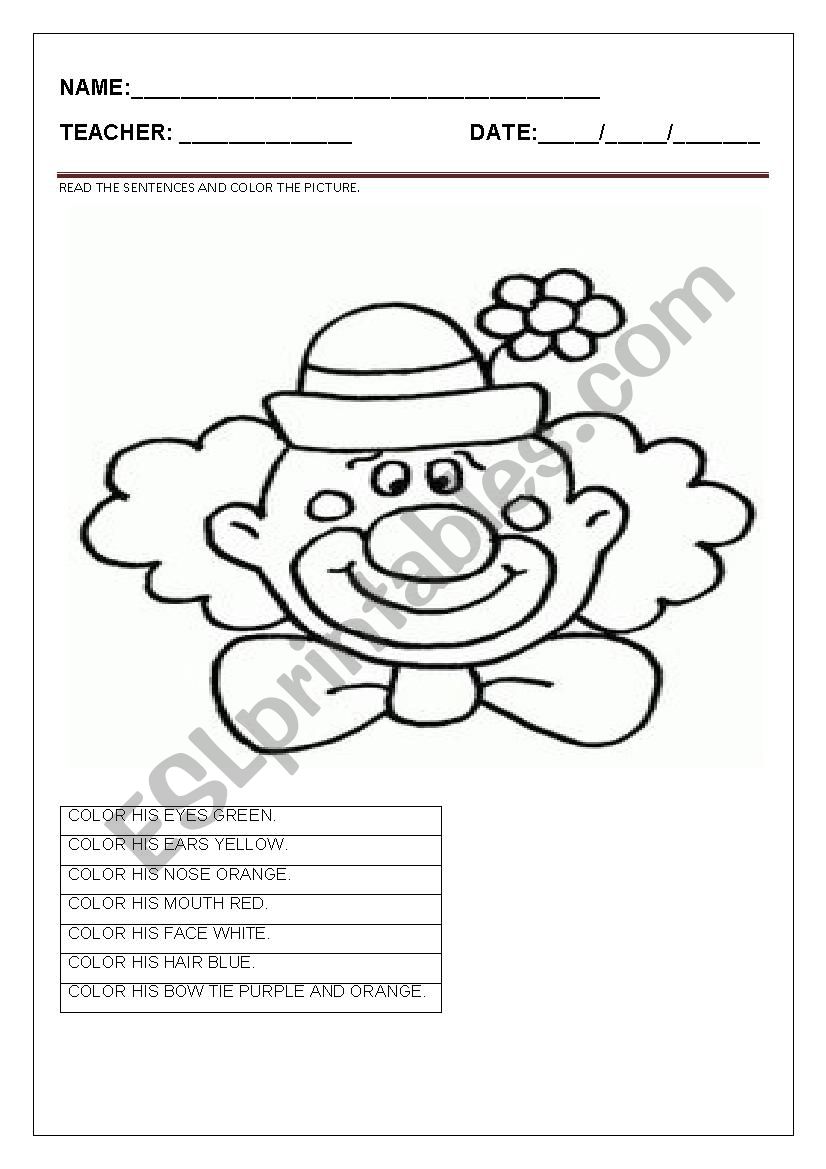 Color the Clowns Face worksheet