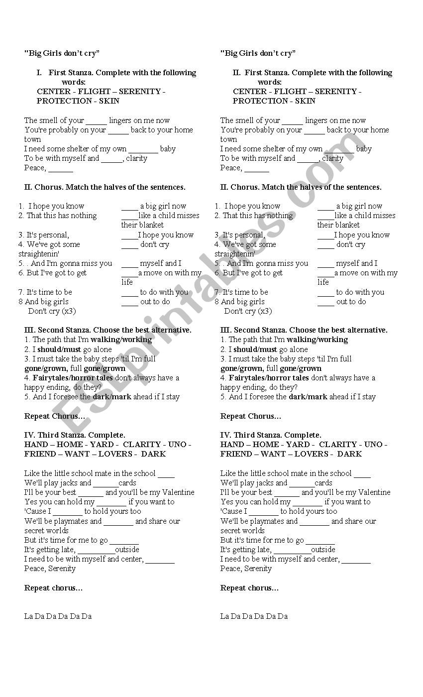 Big girls dont cry worksheet