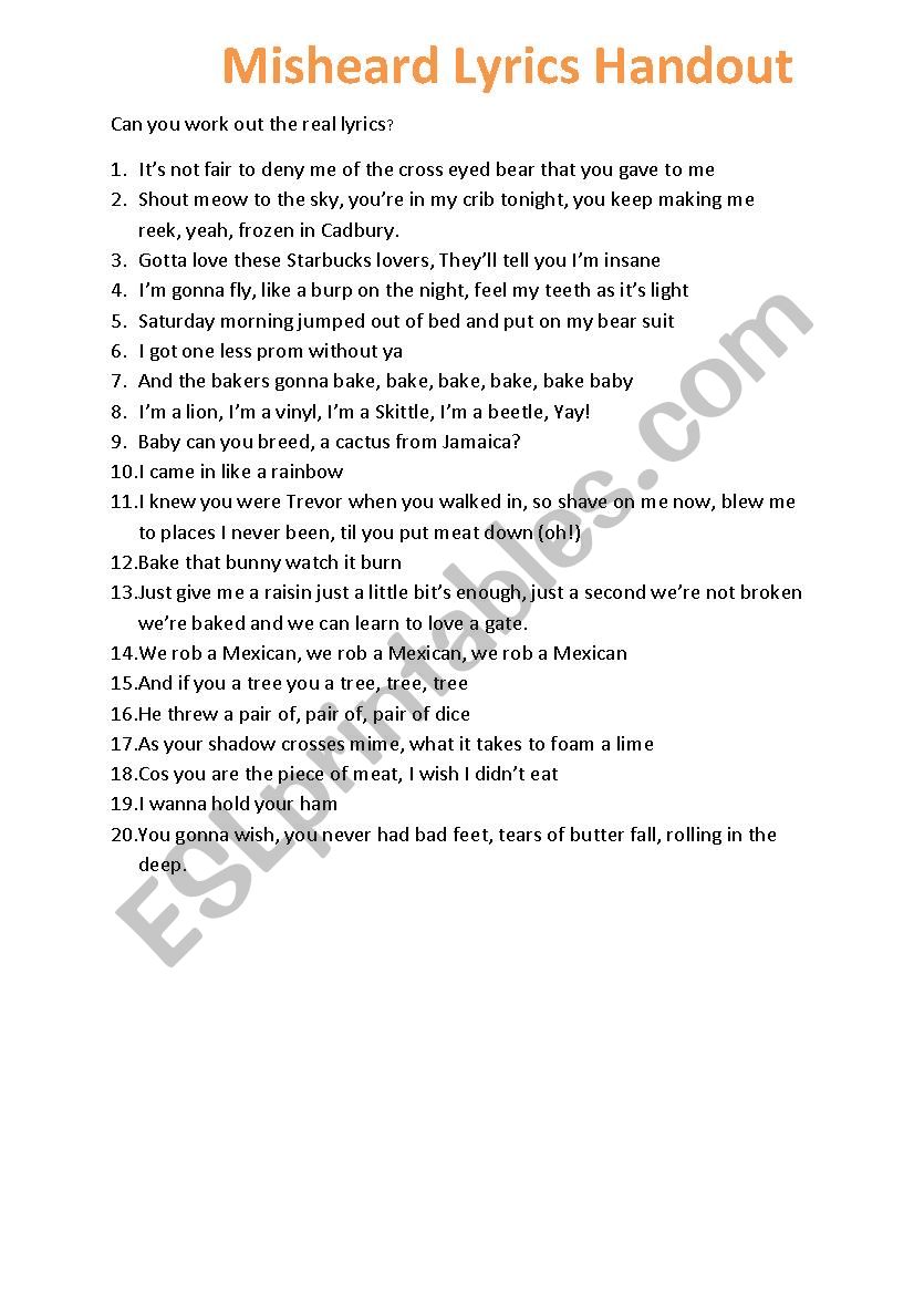 Misheard lyrics worksheet