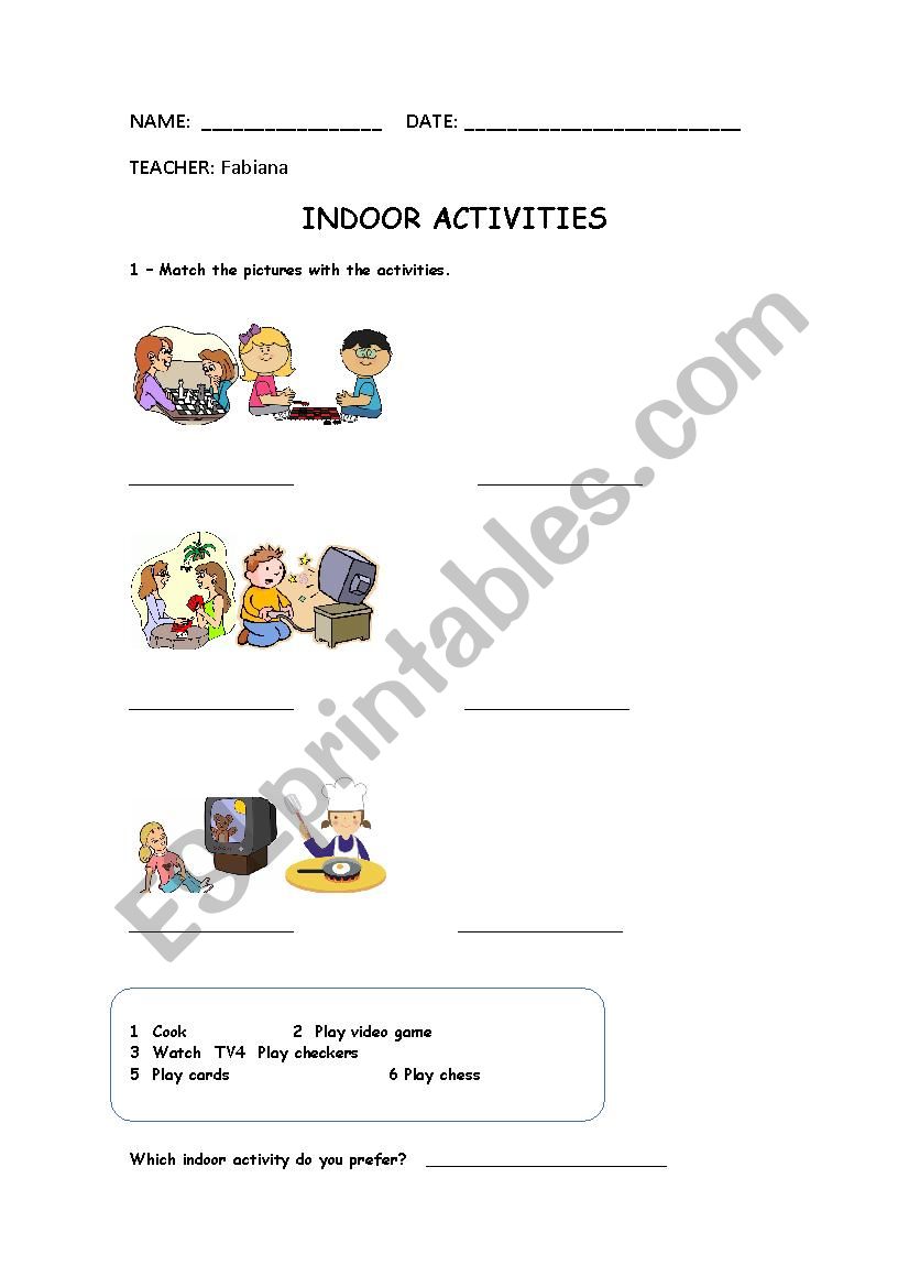 INDOOR ACTIVITIES worksheet