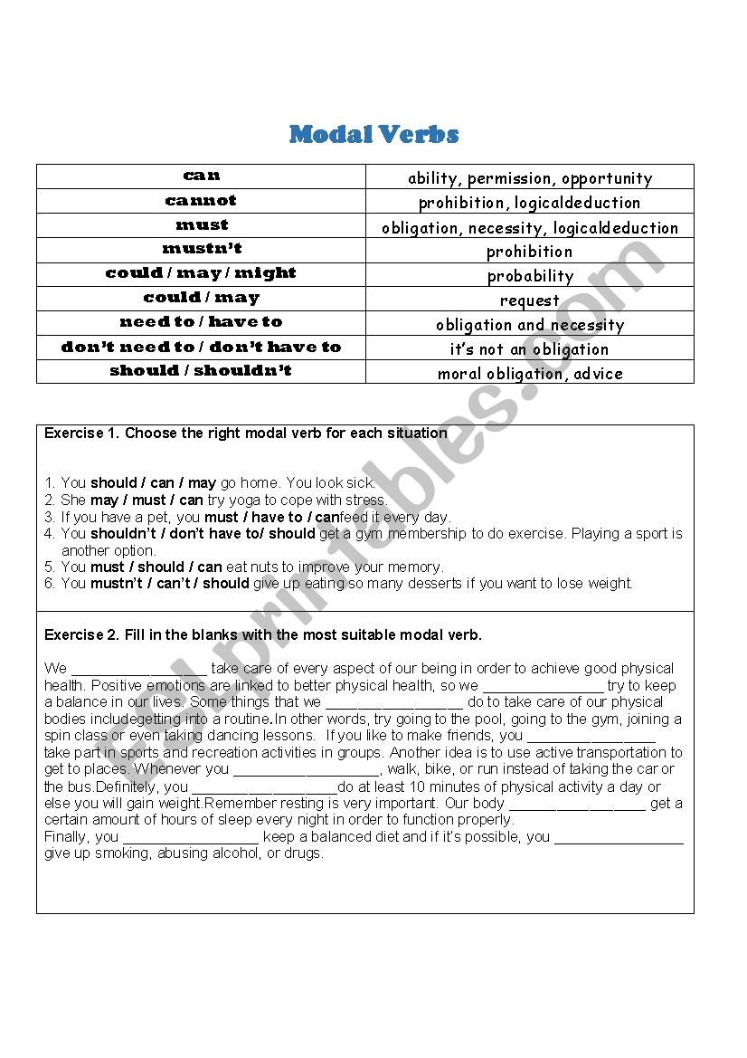 Modal Verbs worksheet worksheet