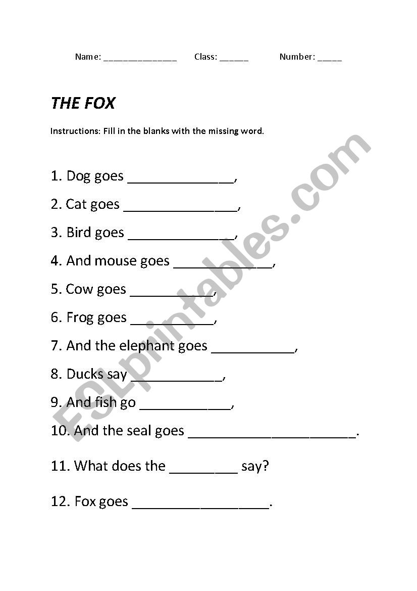 What does the fox say?  worksheet