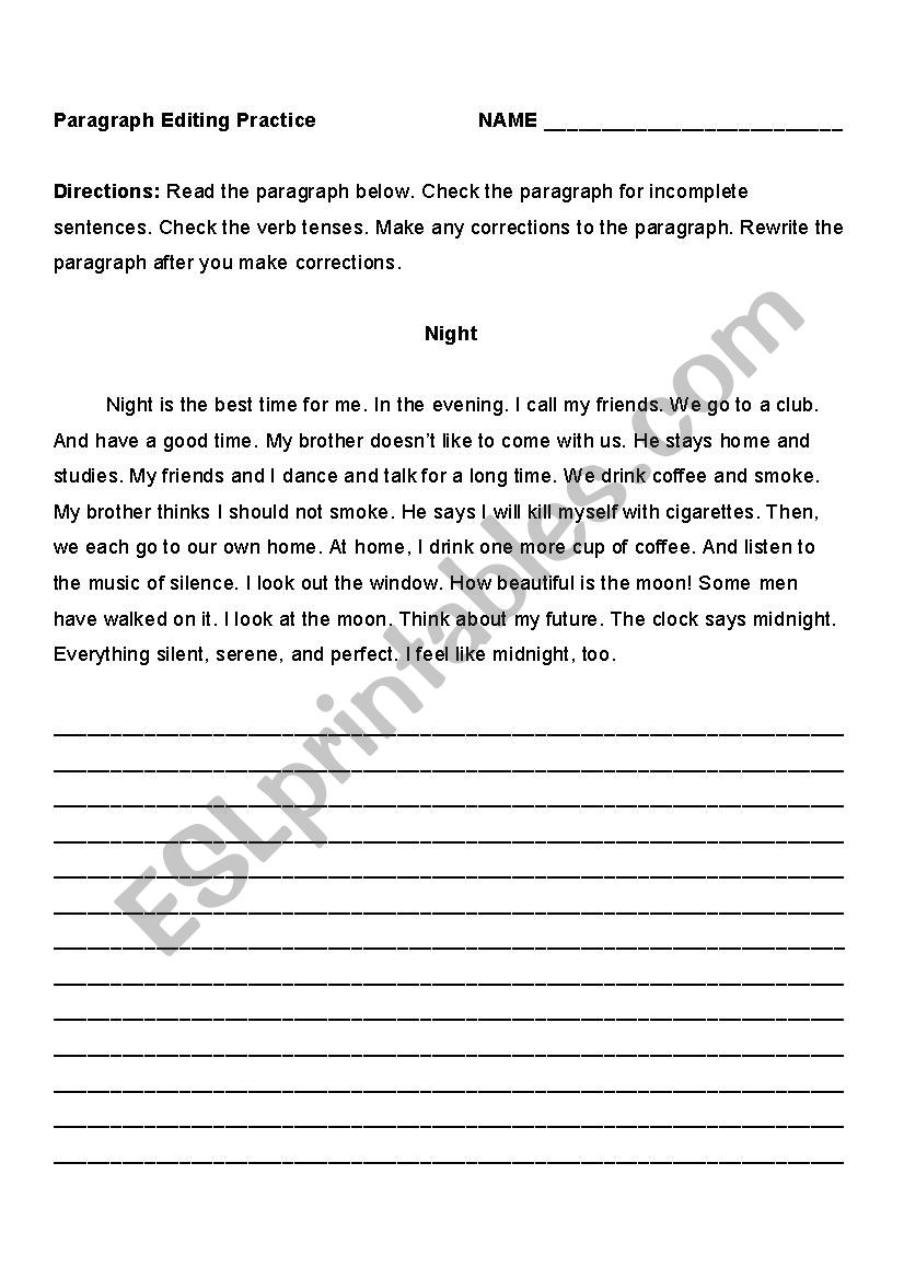 Paragraph Editing Practice - Night - ESL worksheet by teacheraarika