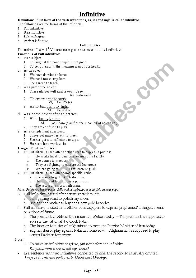 Infinitive worksheet